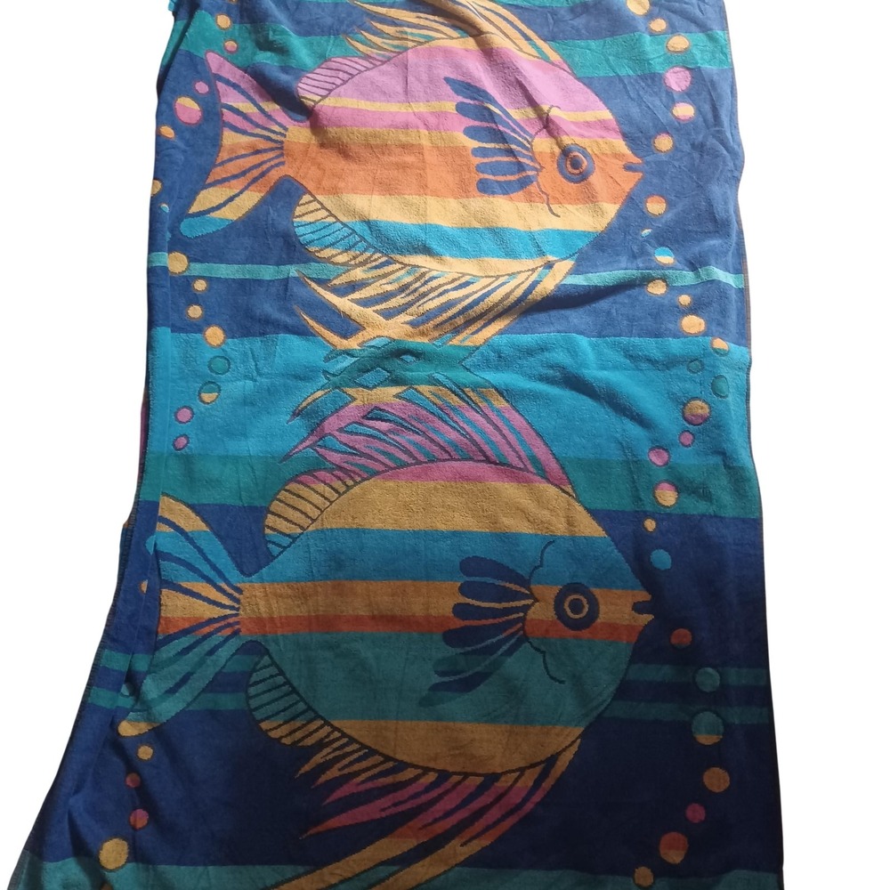 Royal Terry Beach Towel Blue 30x60 Colorful Fish Print Cotton Polyester Adults